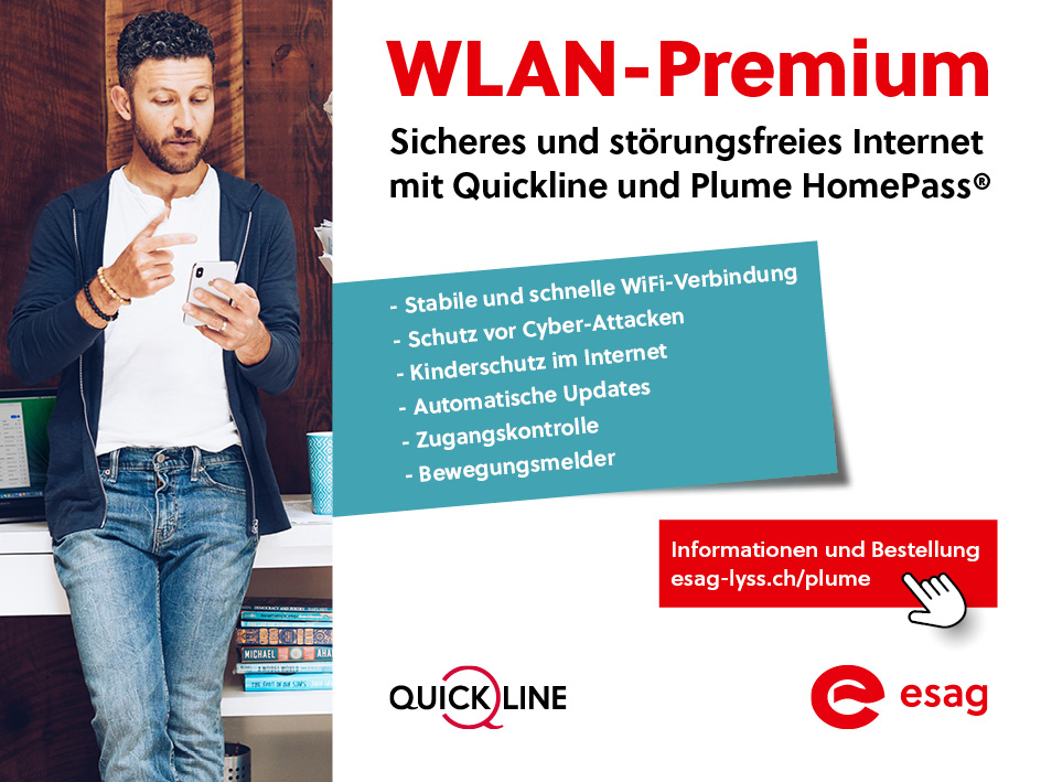 Werbung für WLAN-Premium mit Quickline und Plume Homepass.