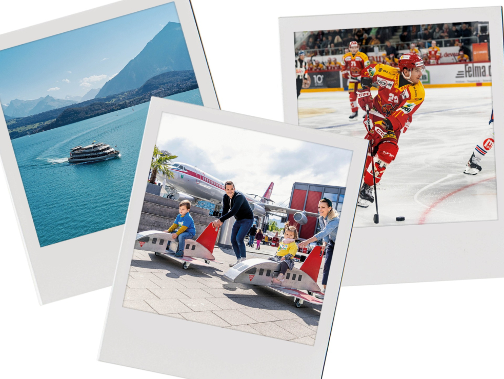 Drei Polaroids: ein Schiff auf einem See, Kinder auf einem Spielzeugflugzeug und ein Eishockeyspieler.